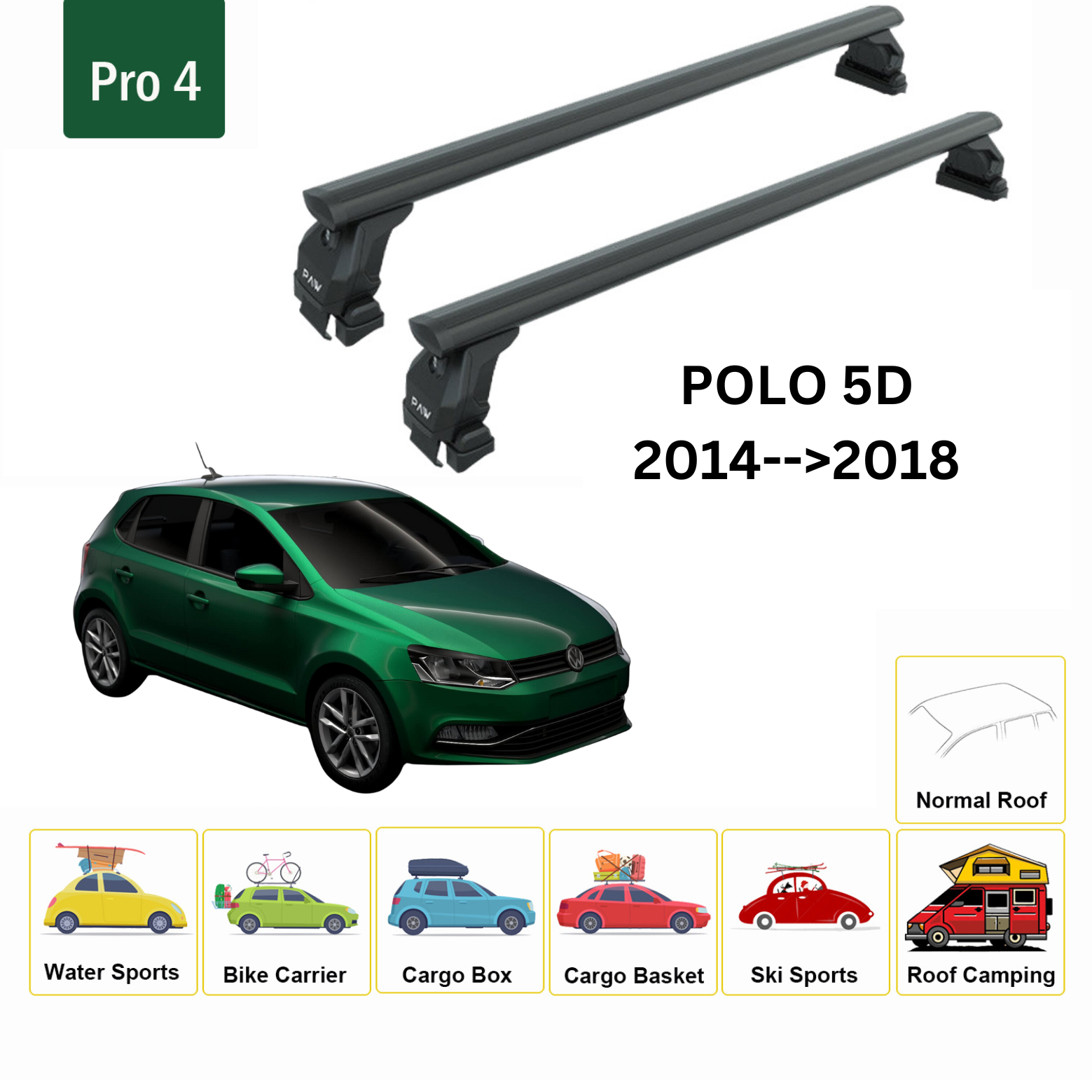 For Volkswagen Polo 5D 2014-2018 Roof Rack Cross Bar Metal Bracket Normal Roof Alu Black For Volkswagen Polo 5D 2014-2018 Roof Rack Cross Bar Metal Bracket Normal Roof Alu Black